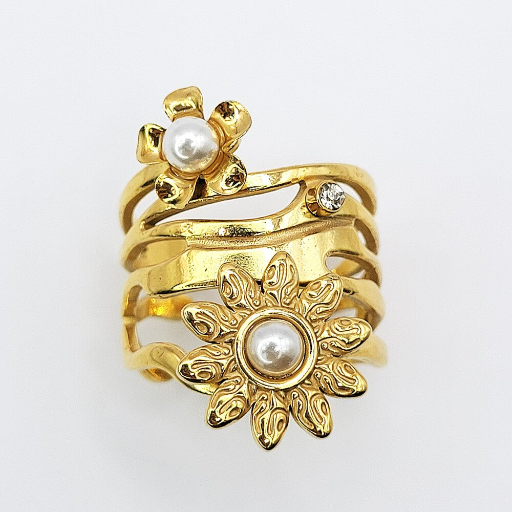 Reguliuojamas žiedas su gėlių motyvais ir perliukais