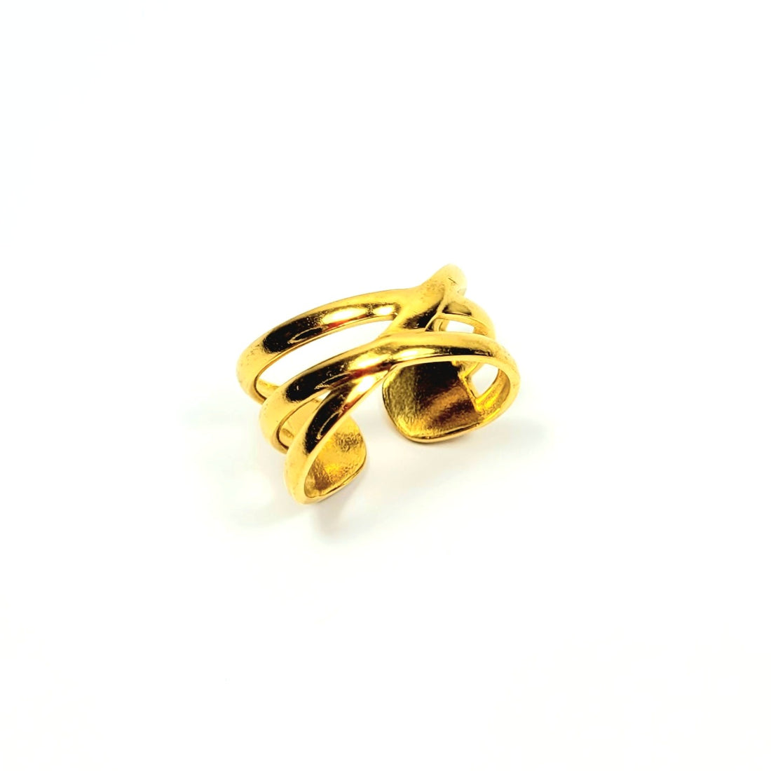 Aukso spalvos modernus žiedas iš 3 persipynusių linijų