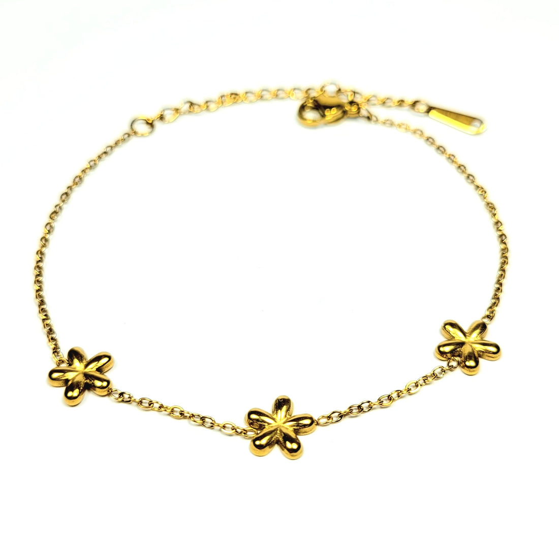 Plona aukso spalvos apyrankė su 3 gėlytėmis